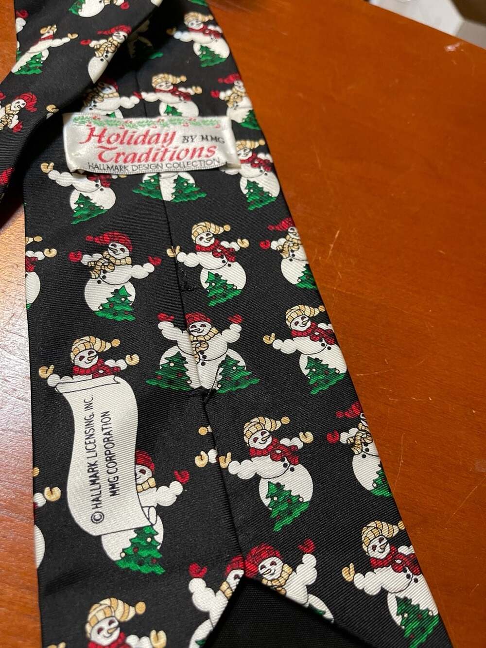 Vintage Hallmark Holiday Traditions Silk Christmas Tie Snowman Black MMG Party